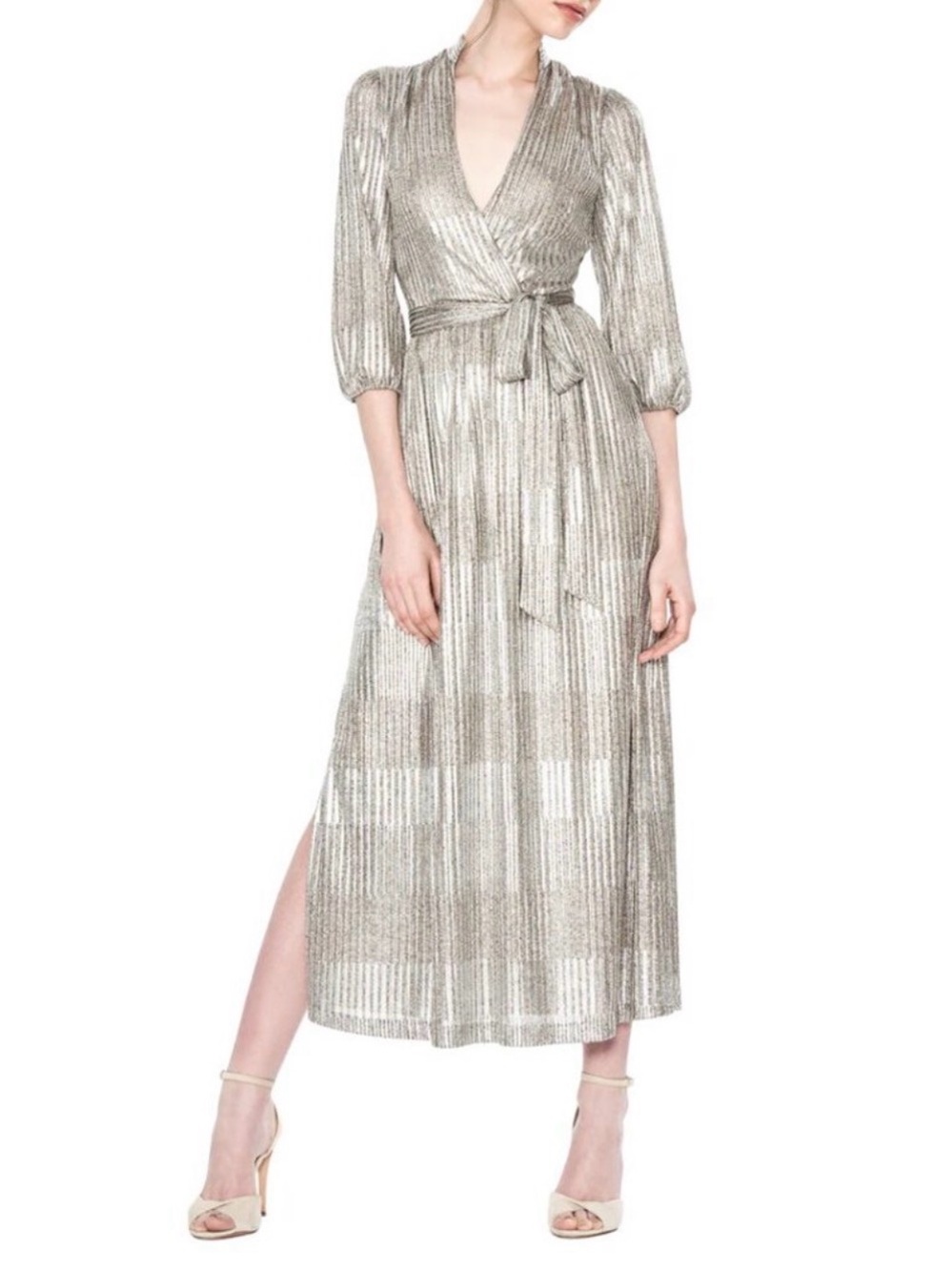 Alice and Olivia Katina Metallic Silver Wrap Midi Dress with Tie Waist